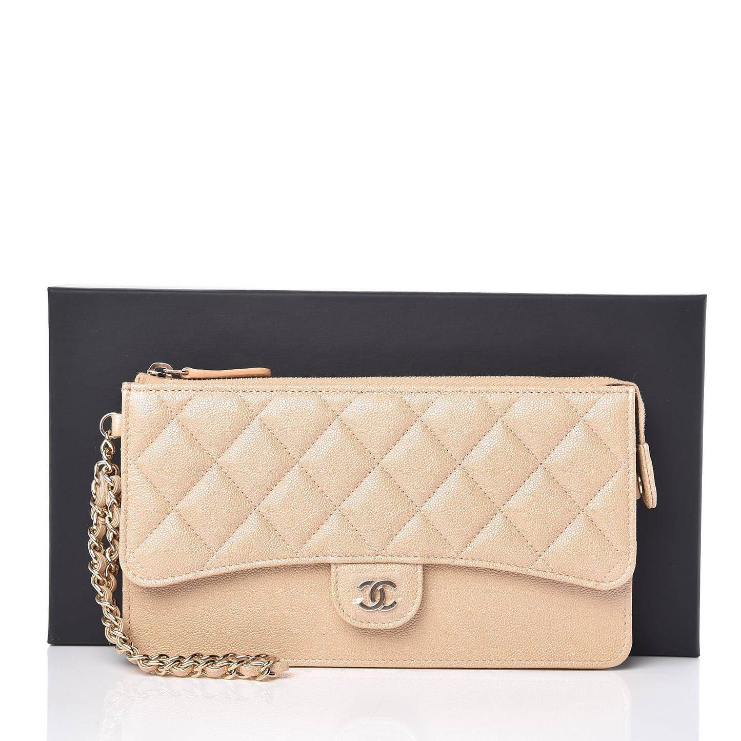 Iridescent Caviar Quilted Classic Pouch With Handle Beige