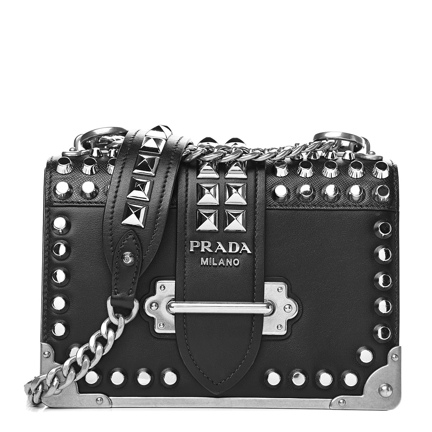 Prada City Calf Saffiano Studded Small Cahier Bag Black 1 of 9