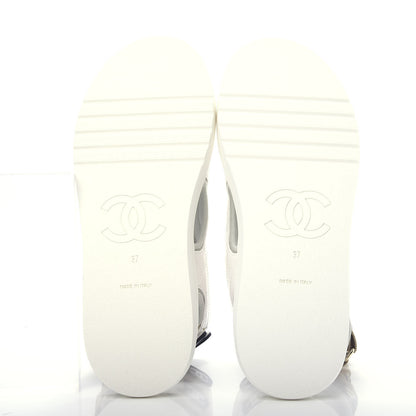 Chanel Goatskin Fabric Gladiator Sandals 37 White Light Grey Navy Blue 6 of 11