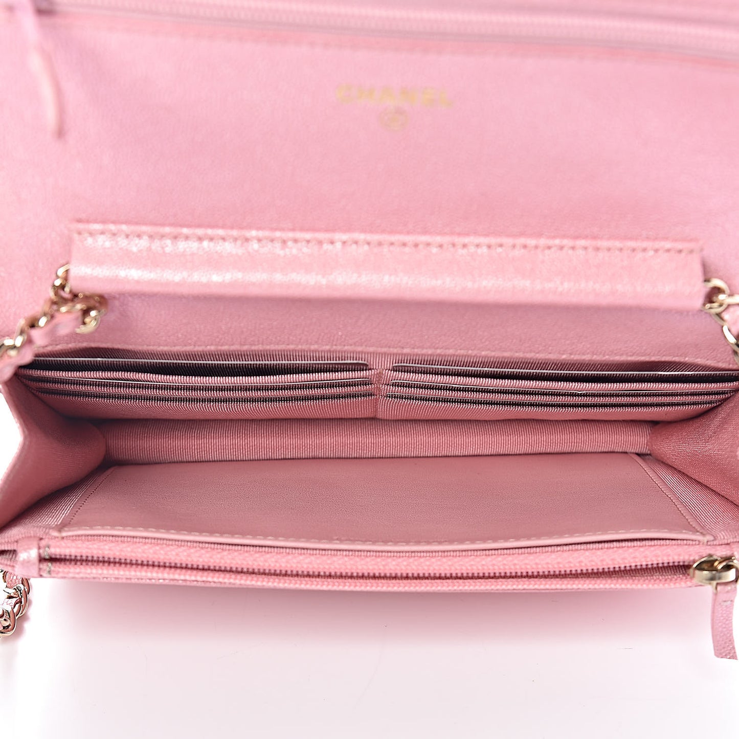 Iridescent Caviar Quilted Wallet on Chain WOC Rose Pink