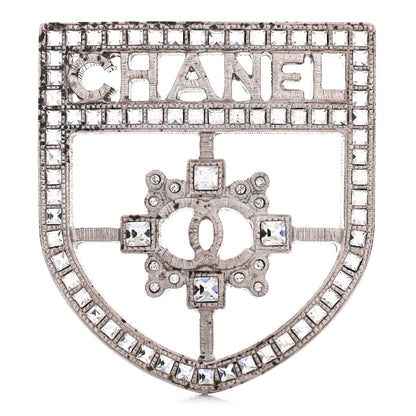 Chanel Swarovski Baguette Crystal CC Shield Brooch Silver 1 of 4