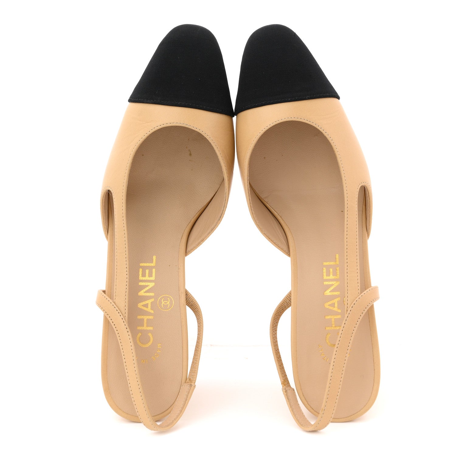 Chanel Goatskin Grosgrain Cap Toe CC Slingback Pumps 36 Beige Black 2 of 13