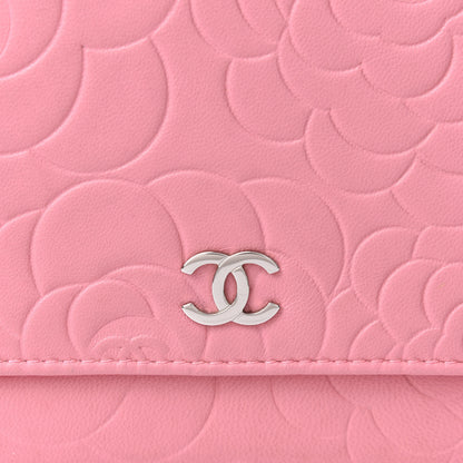 Chanel Lambskin Camellia Embossed Wallet On Chain WOC Pink 9 of 11