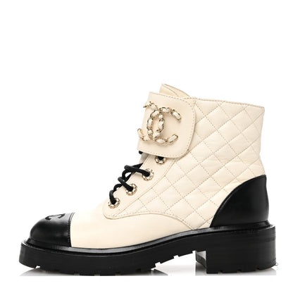 Chanel Shiny Calfskin Quilted Lace Up Combat Boots 37.5 Ivory Black 1 of 11