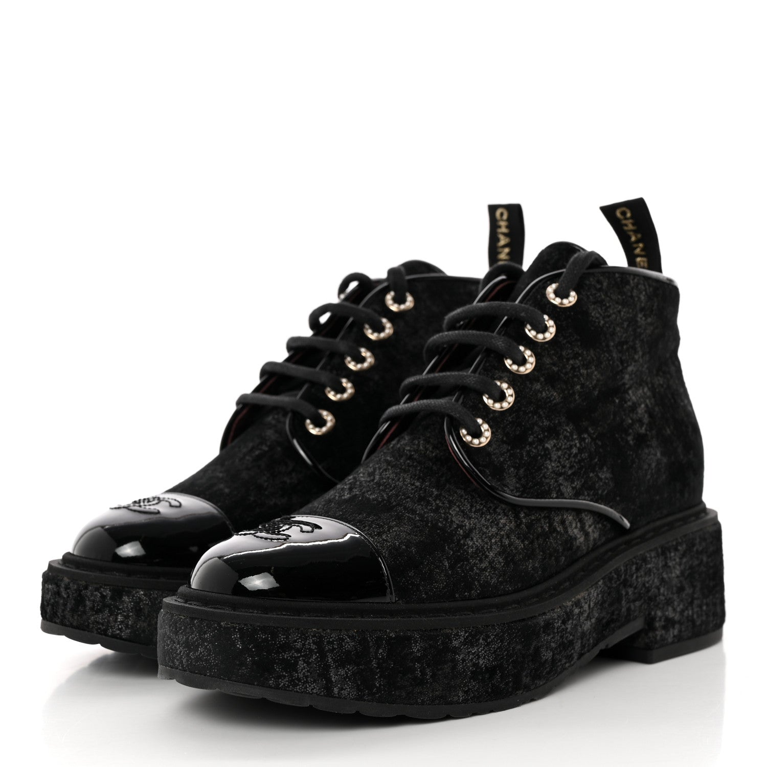 Chanel Patent Calfskin Velvet Pearl Lace Up Combat Short Boots 39.5 Black 3 of 11