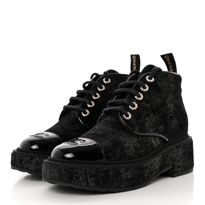 Chanel Patent Calfskin Velvet Pearl Lace Up Combat Short Boots 39.5 Black 3 of 11