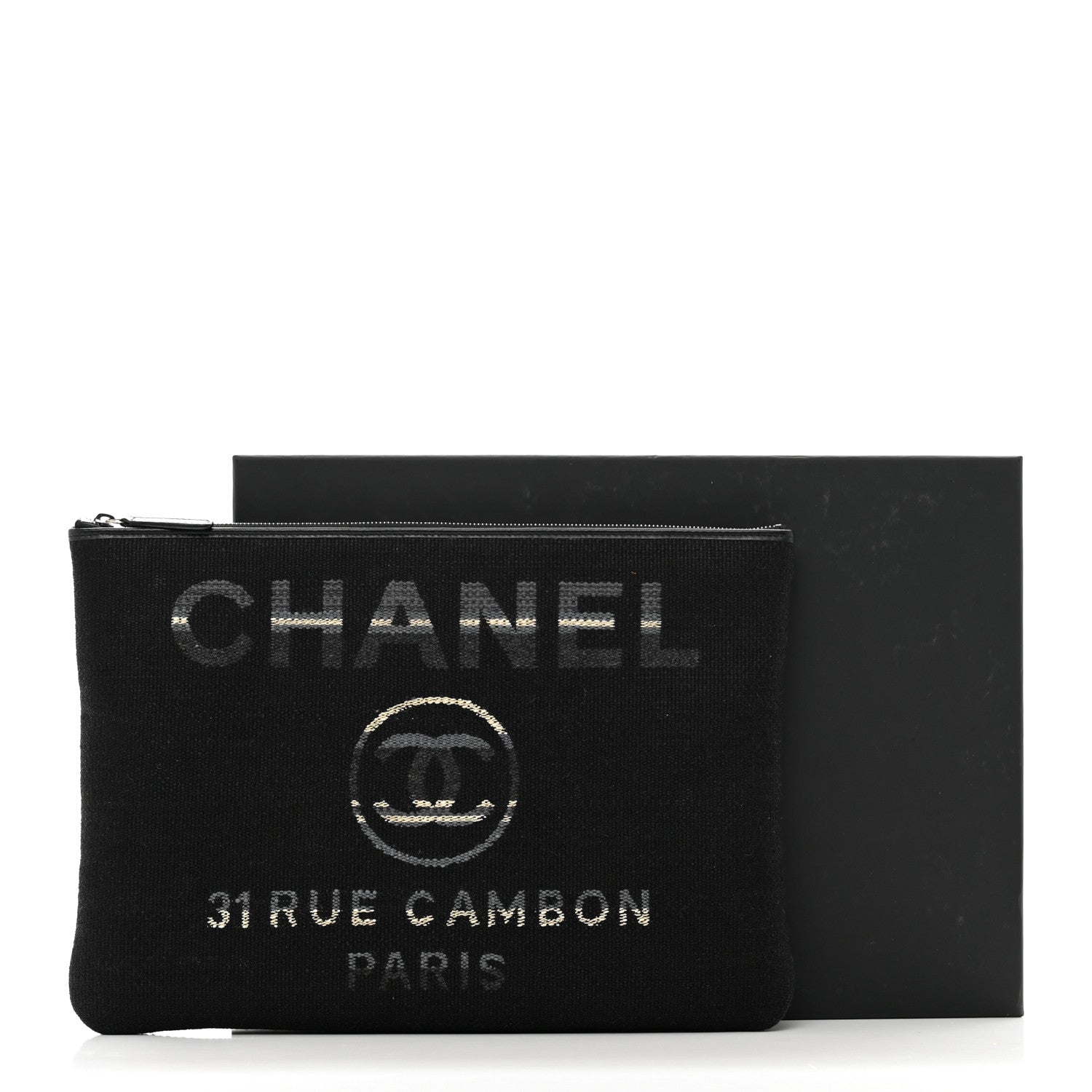 Chanel Striped Canvas Medium Deauville Cosmetic Pouch Grey Black 8 of 8