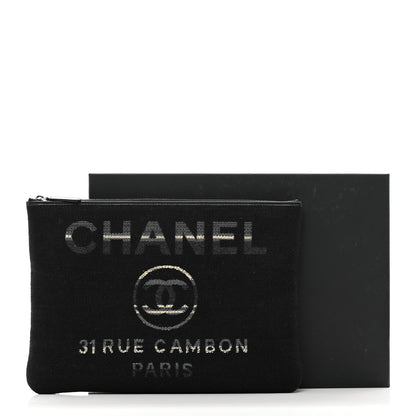 Chanel Striped Canvas Medium Deauville Cosmetic Pouch Grey Black 8 of 8