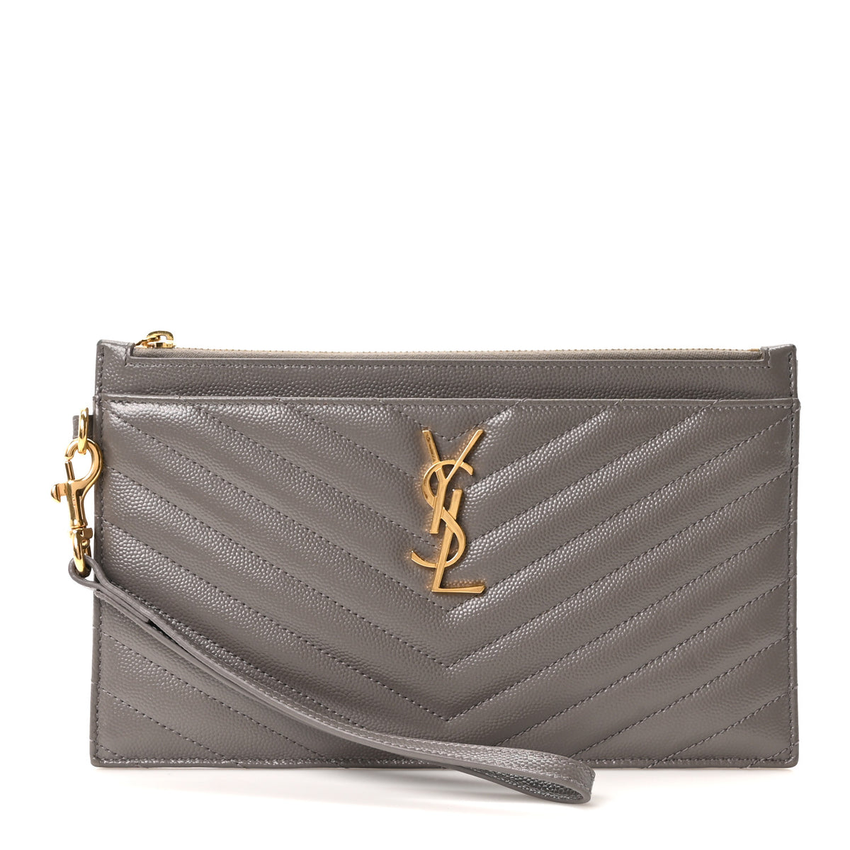 Saint Laurent Grain De Poudre Chevron Monogram Large Bill Pouch Fog 1 of 10