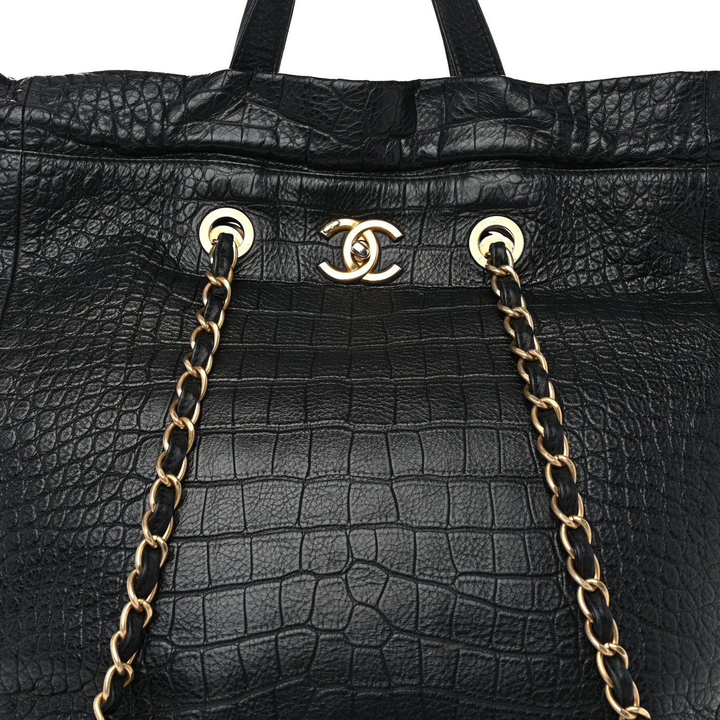 Calfskin Crocodile Embossed Large Cocodile Shopping Tote Black
