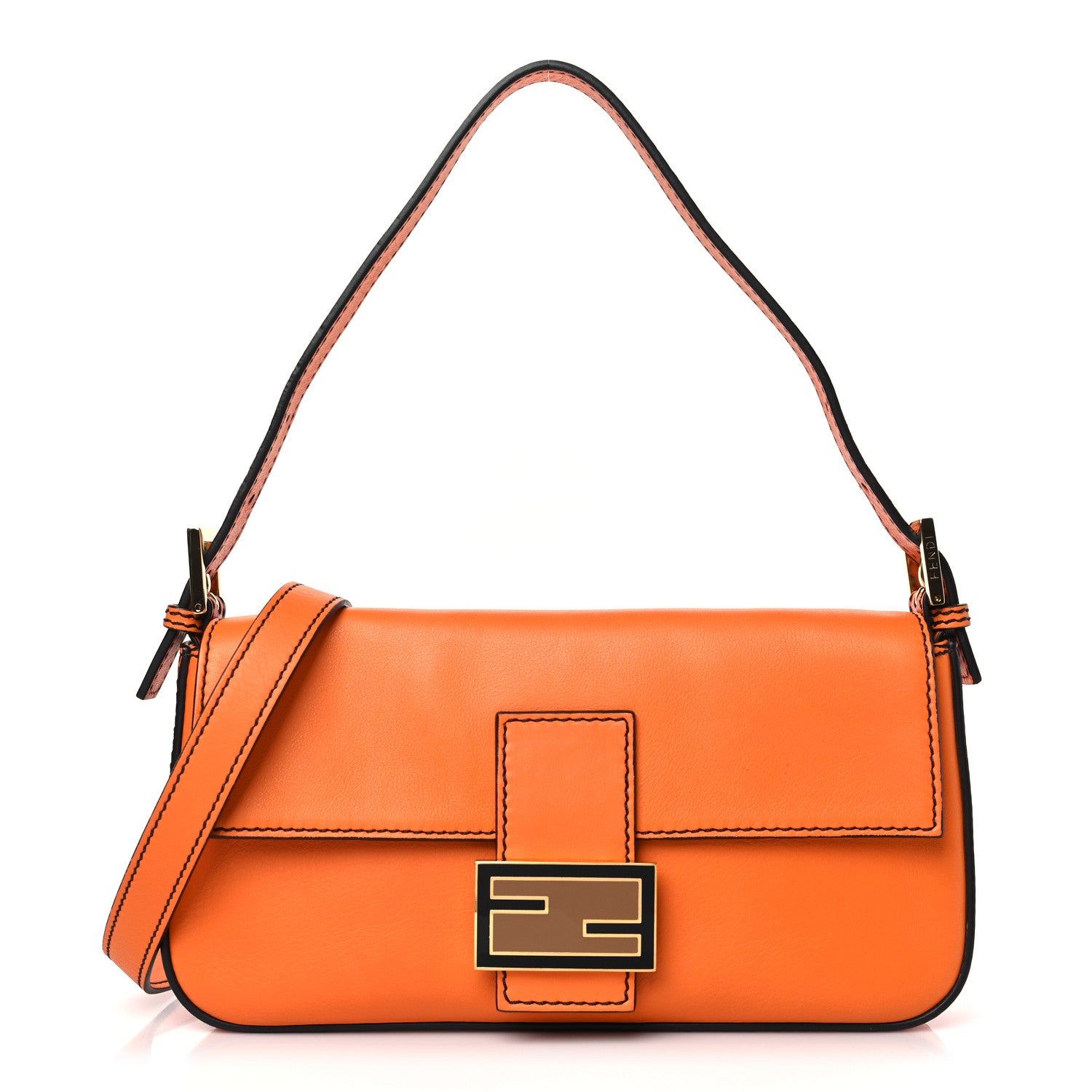 Fendi Vitello Flamingo Enamel Interchangeable Strap Baguette Orange Black Tobacco 1 of 9