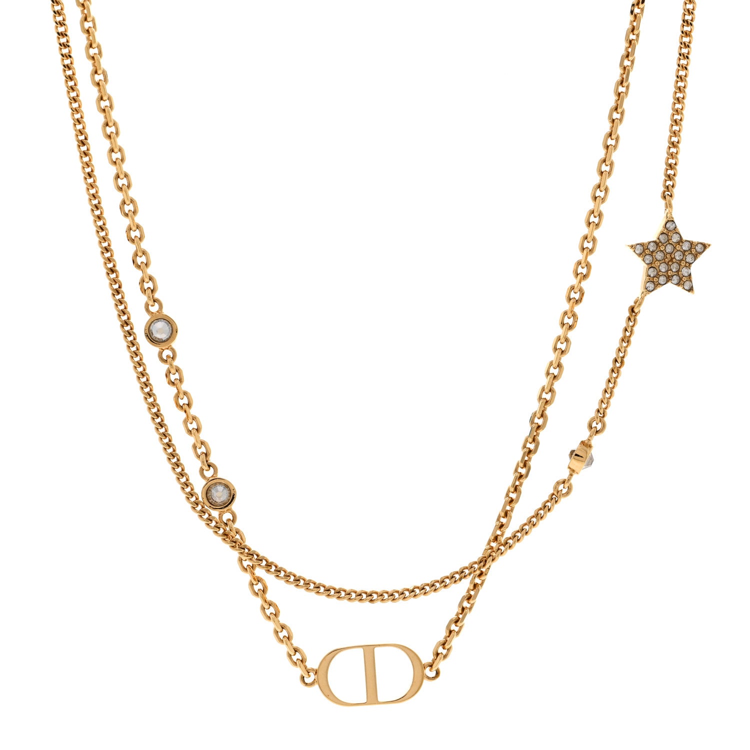 Christian Dior Metal Crystal Petit CD Double Necklace Gold 1655131