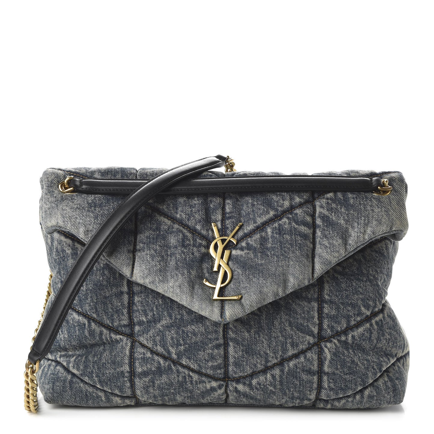Denim Quilted Medium Loulou Puffer Monogram Chain Satchel Blue Black