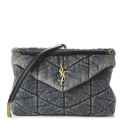 Saint Laurent Denim Quilted Medium Loulou Puffer Monogram Chain Satchel Blue Black 1 of 9