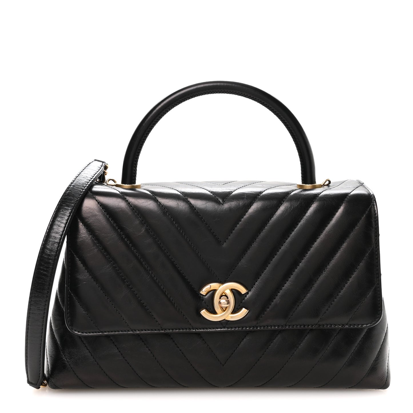 Aged Calfskin Chevron Quilted Small Coco Handle Flap Black