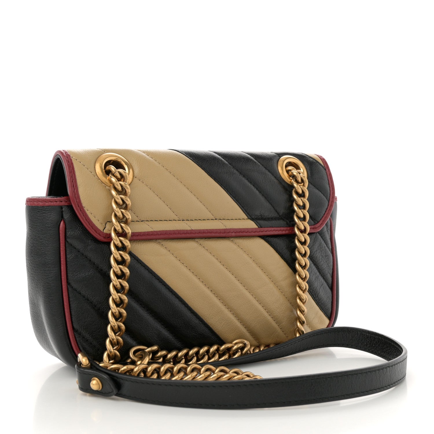 Gucci Vintage Effect Calfskin Matelasse Diagonal Striped Mini Torchon GG Marmont Shoulder Bag Black Beige 3 of 11