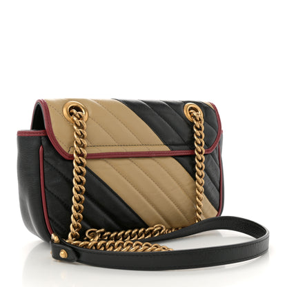 Gucci Vintage Effect Calfskin Matelasse Diagonal Striped Mini Torchon GG Marmont Shoulder Bag Black Beige 3 of 11