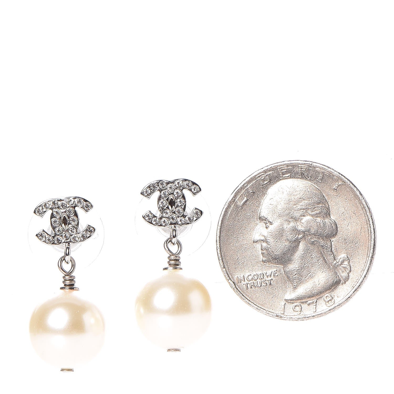 Chanel Crystal Pearl CC Drop Earrings Silver 2 of 4