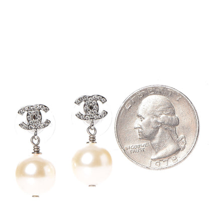 Chanel Crystal Pearl CC Drop Earrings Silver 2 of 4