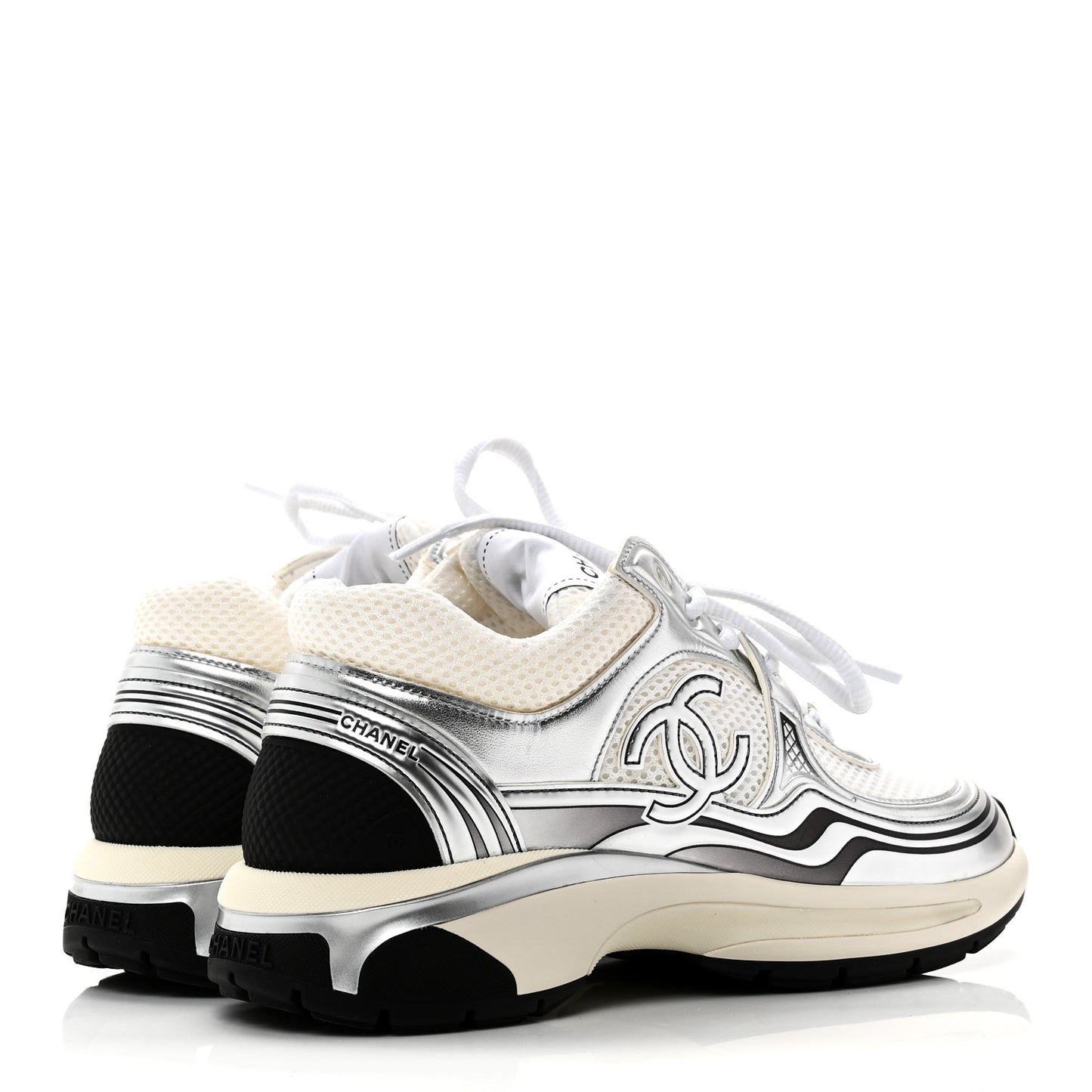 Fabric Laminated Calfskin Stretch CC Womens Sneakers 38 White Silver