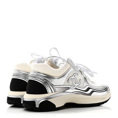 Chanel Fabric Laminated Calfskin Stretch CC Womens Sneakers 38 White Silver 5 of 9