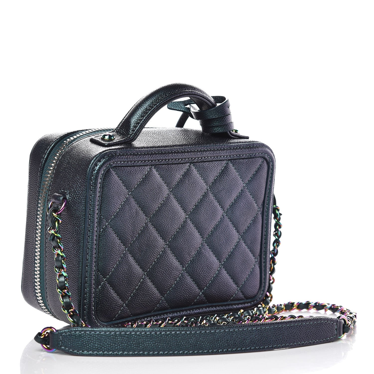 Chanel Iridescent Caviar Quilted Small CC Filigree Vanity Case Dark Turquoise 4 of 9