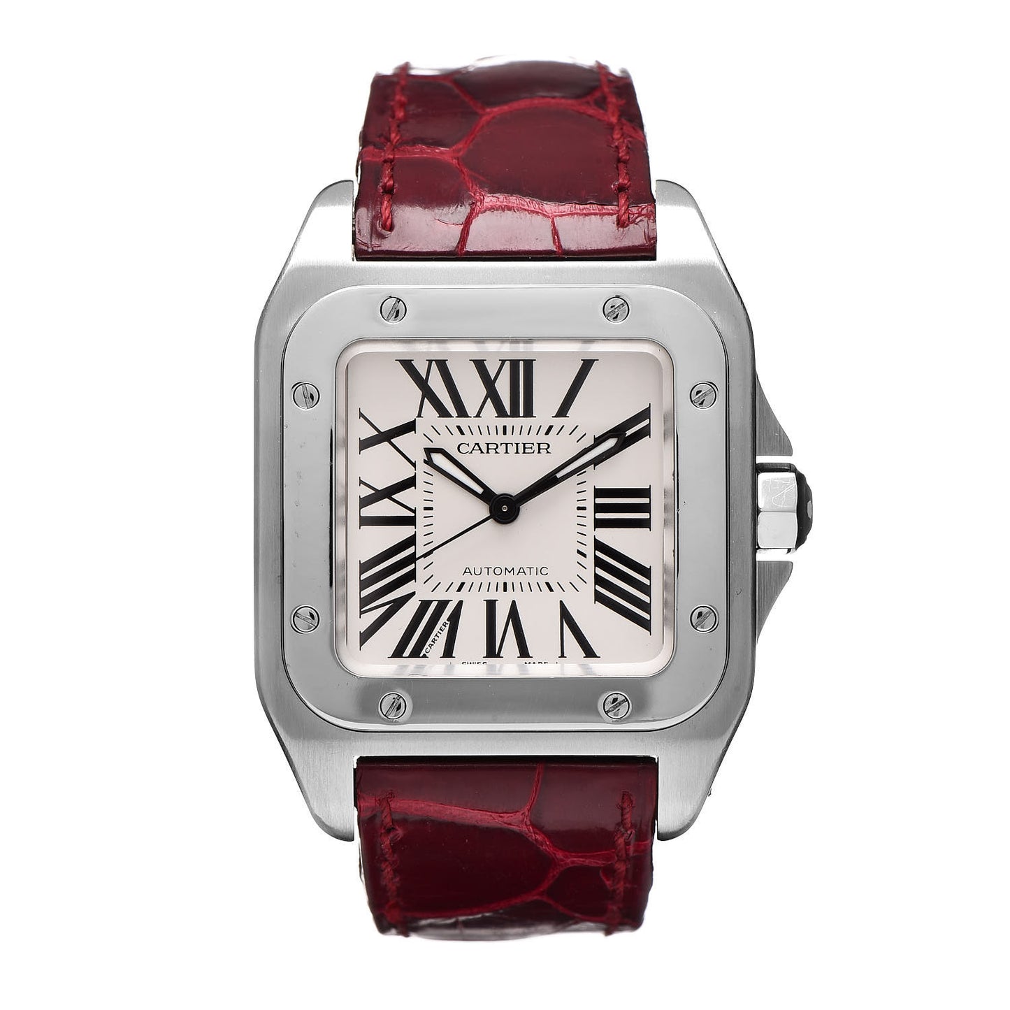 Stainless Steel Alligator 33mm Santos 100 Automatic Watch Red