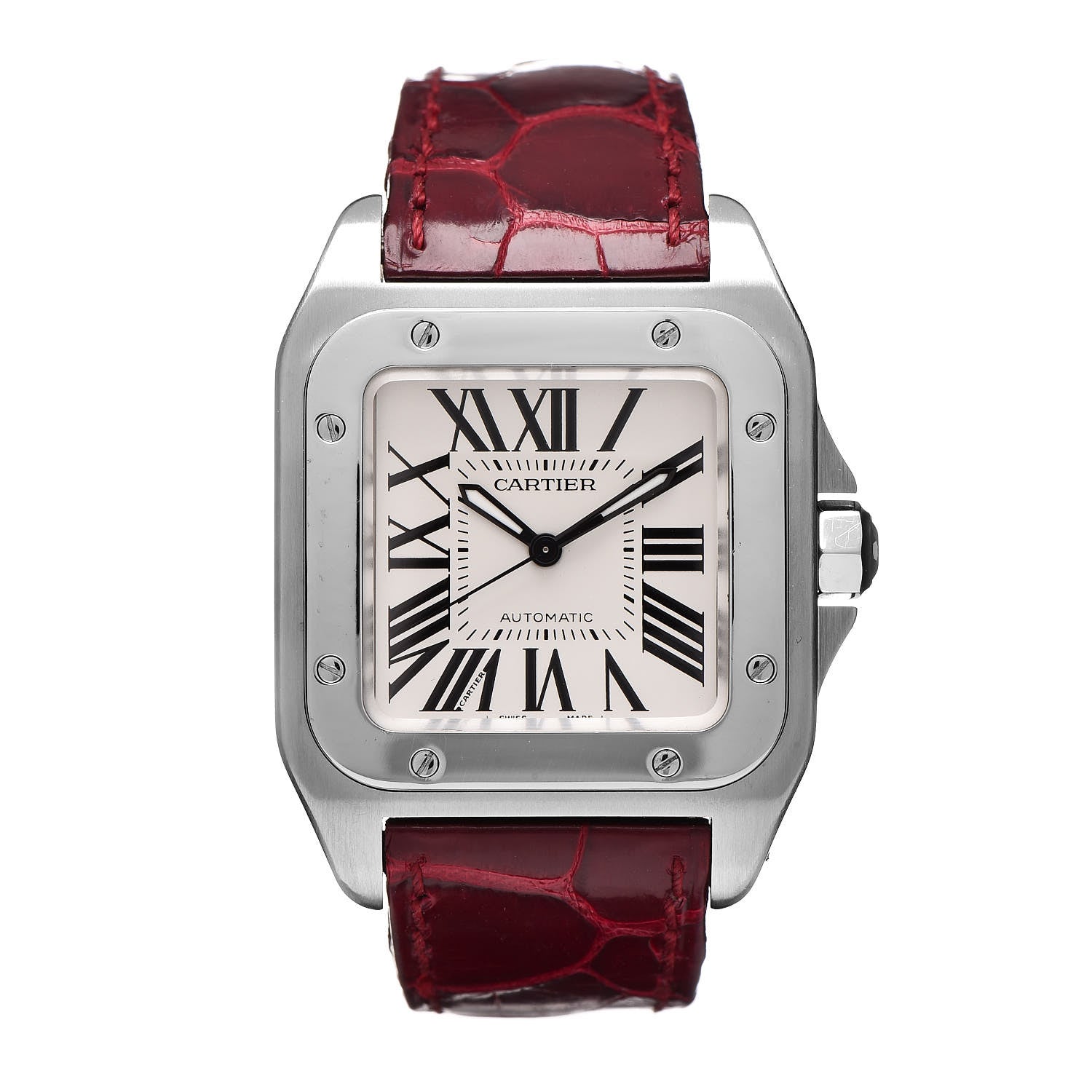 Cartier Stainless Steel Alligator 33mm Santos 100 Automatic Watch Red 1 of 10