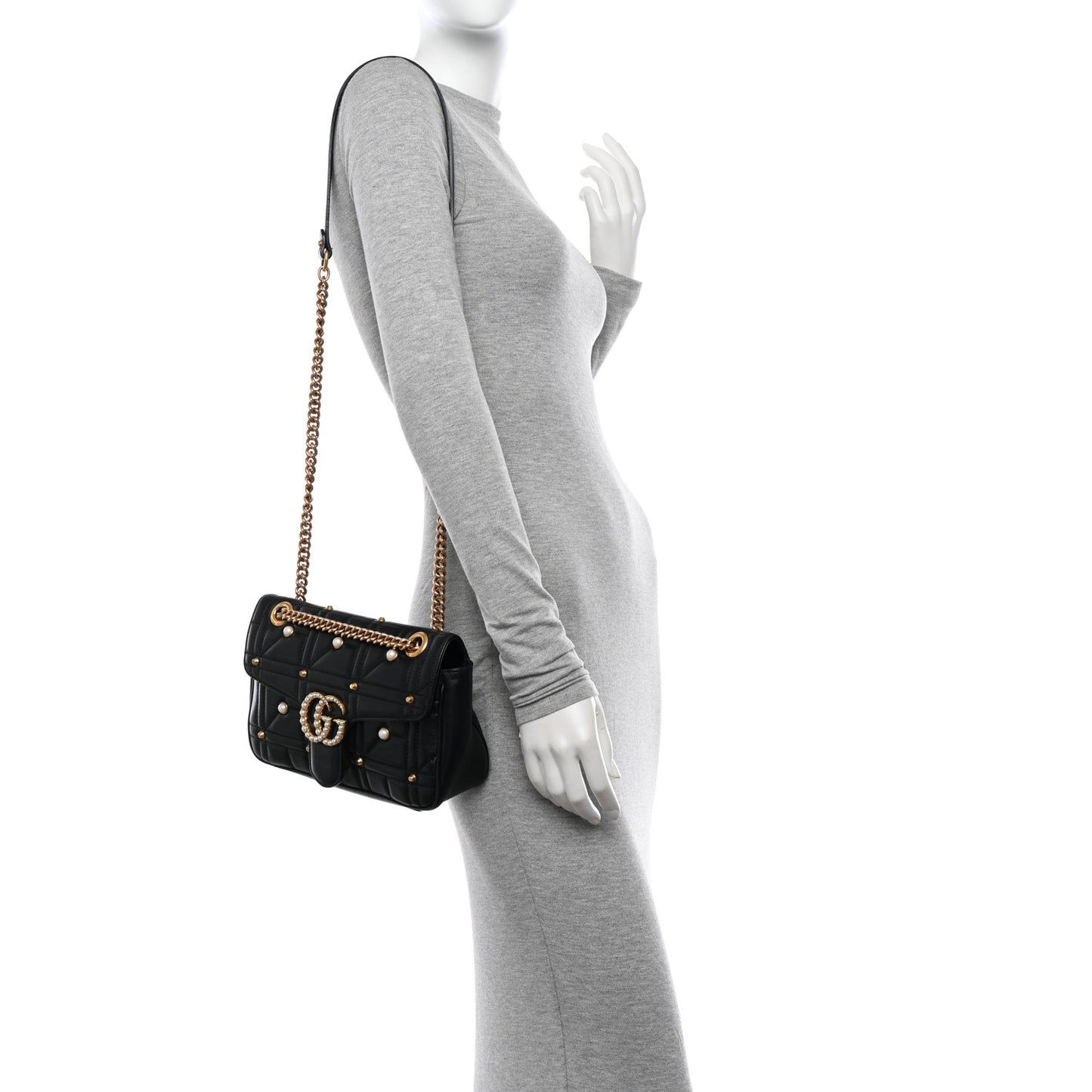 Calfskin Matelasse Studded Small Pearly GG Marmont Shoulder Bag Black