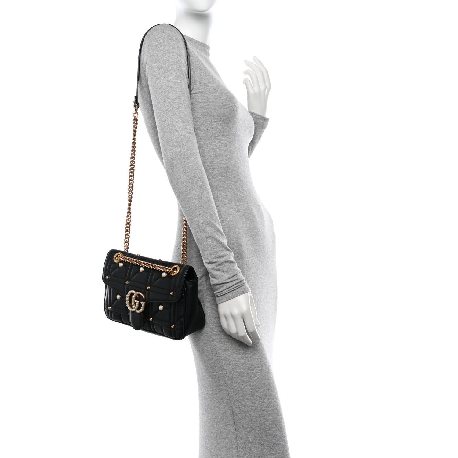 Gucci Calfskin Matelasse Studded Small Pearly GG Marmont Shoulder Bag Black 2 of 12