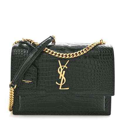 Saint Laurent Calfskin Crocodile Embossed Medium Monogram Sunset Dark Green 1 of 12