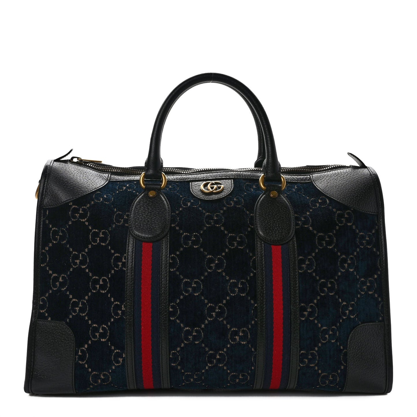 Velvet GG Monogram Textured Calfskin Web Medium Duffle Bag Blue Beige Black