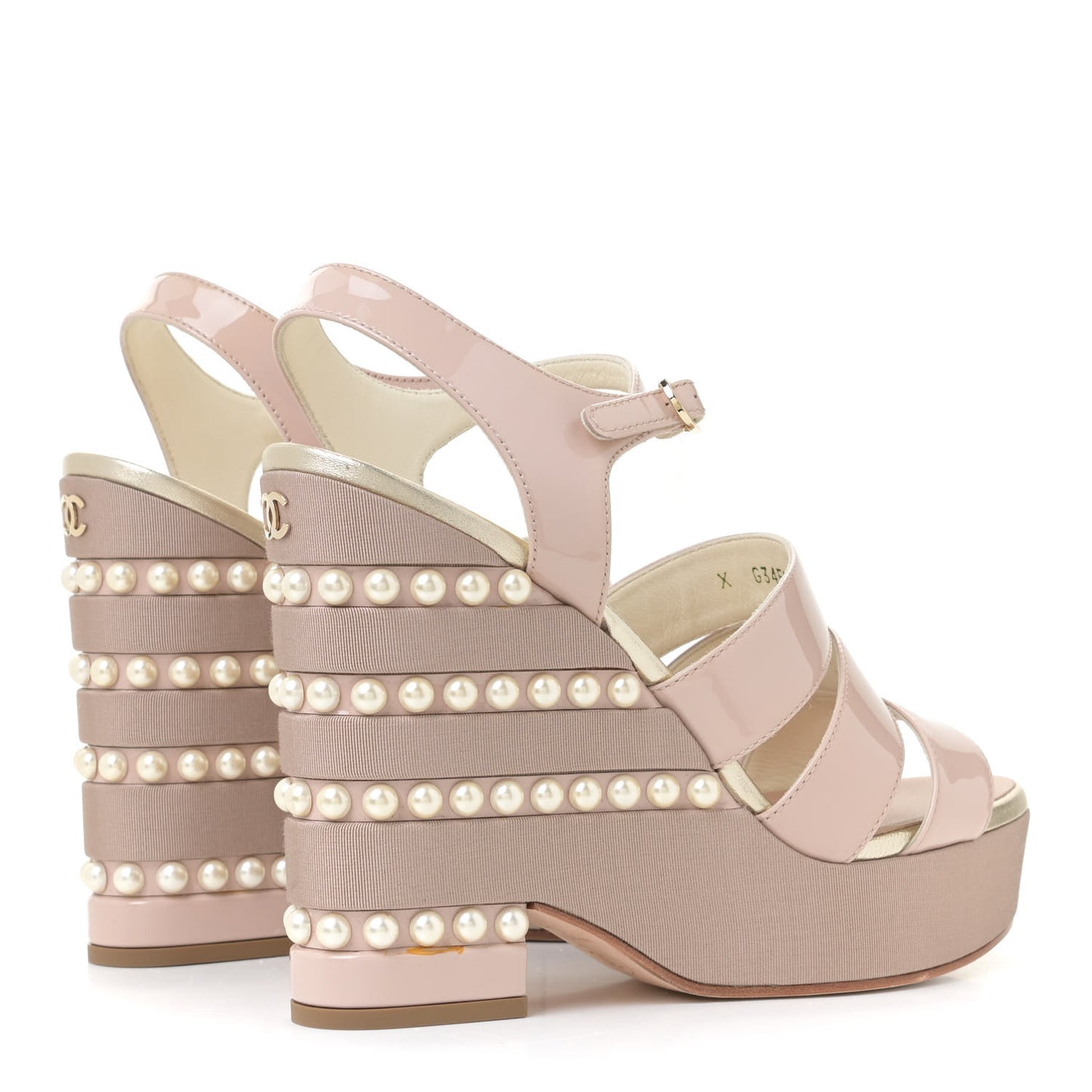 Patent Calfskin Pearl CC Wedge Sandals 39 Light Pink