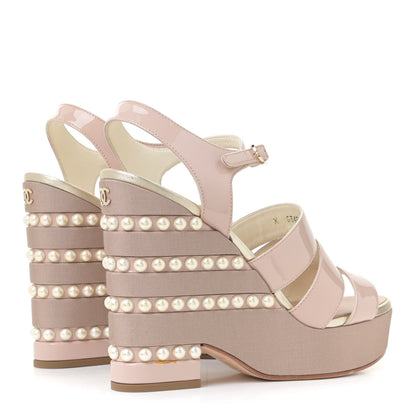 Chanel Patent Calfskin Pearl CC Wedge Sandals 39 Light Pink 3 of 14