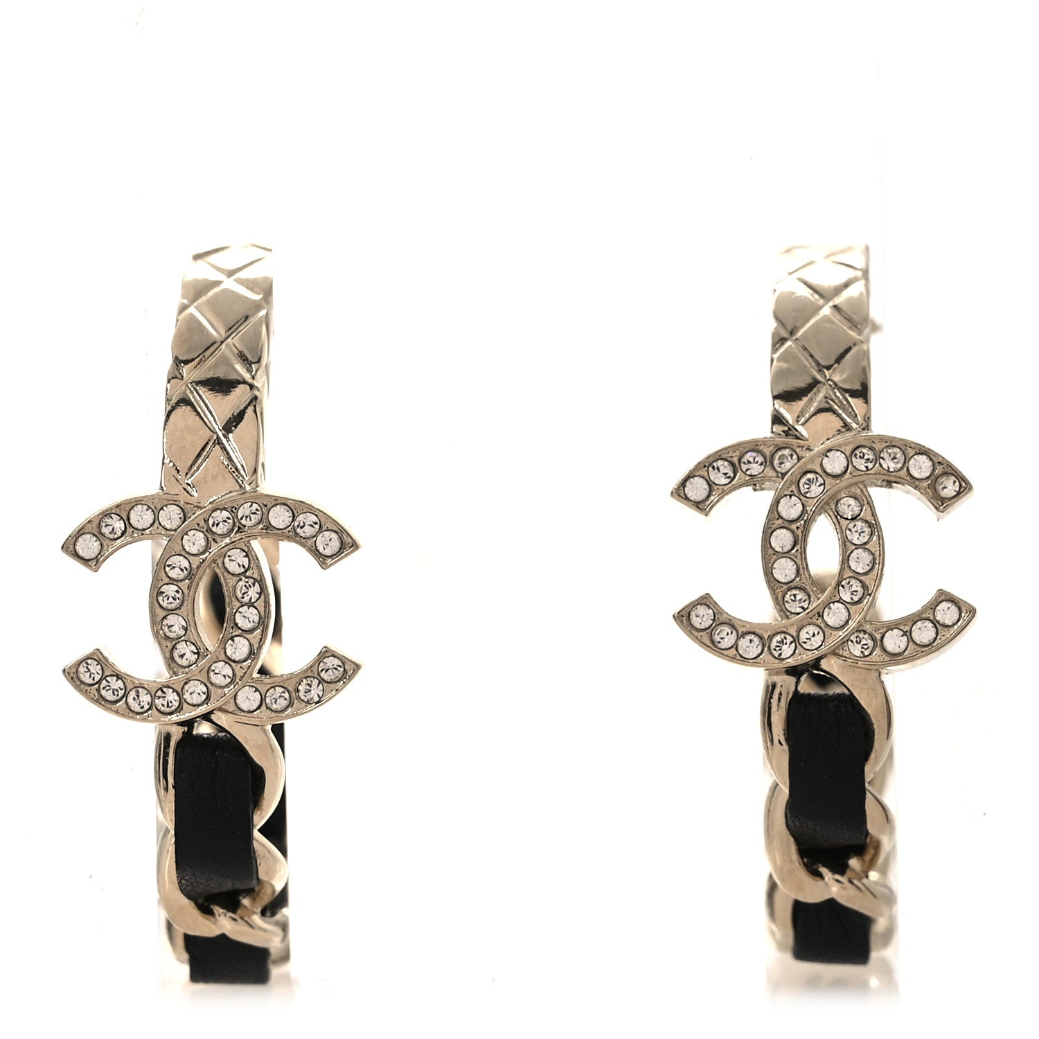 Chanel Metal Crystal Lambskin Quilted CC Chain Hoop Earrings Gold Black 1 of 4