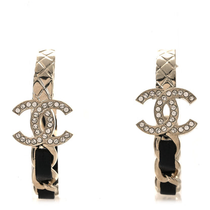 Chanel Metal Crystal Lambskin Quilted CC Chain Hoop Earrings Gold Black 1 of 4