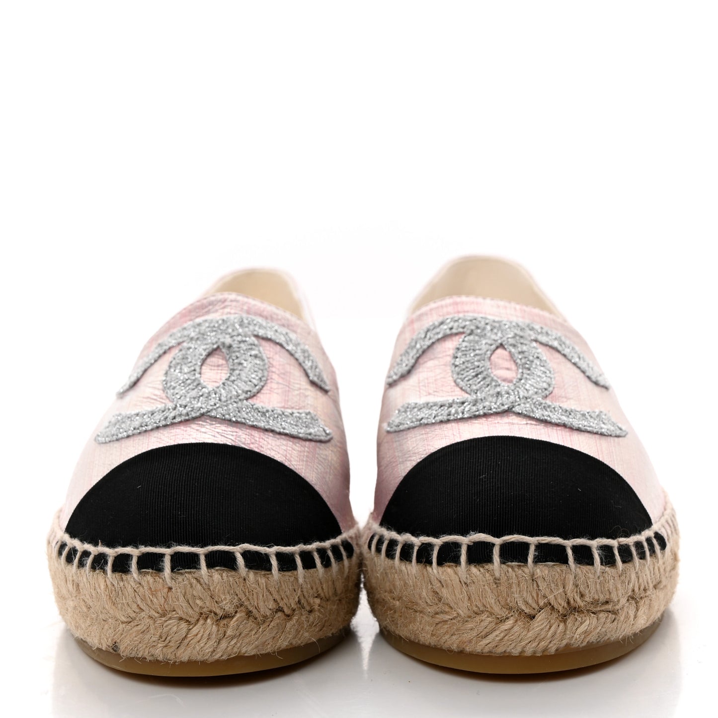 Laminated Lambskin Grosgrain Embroidered CC Espadrilles 37 Pink Silver Black