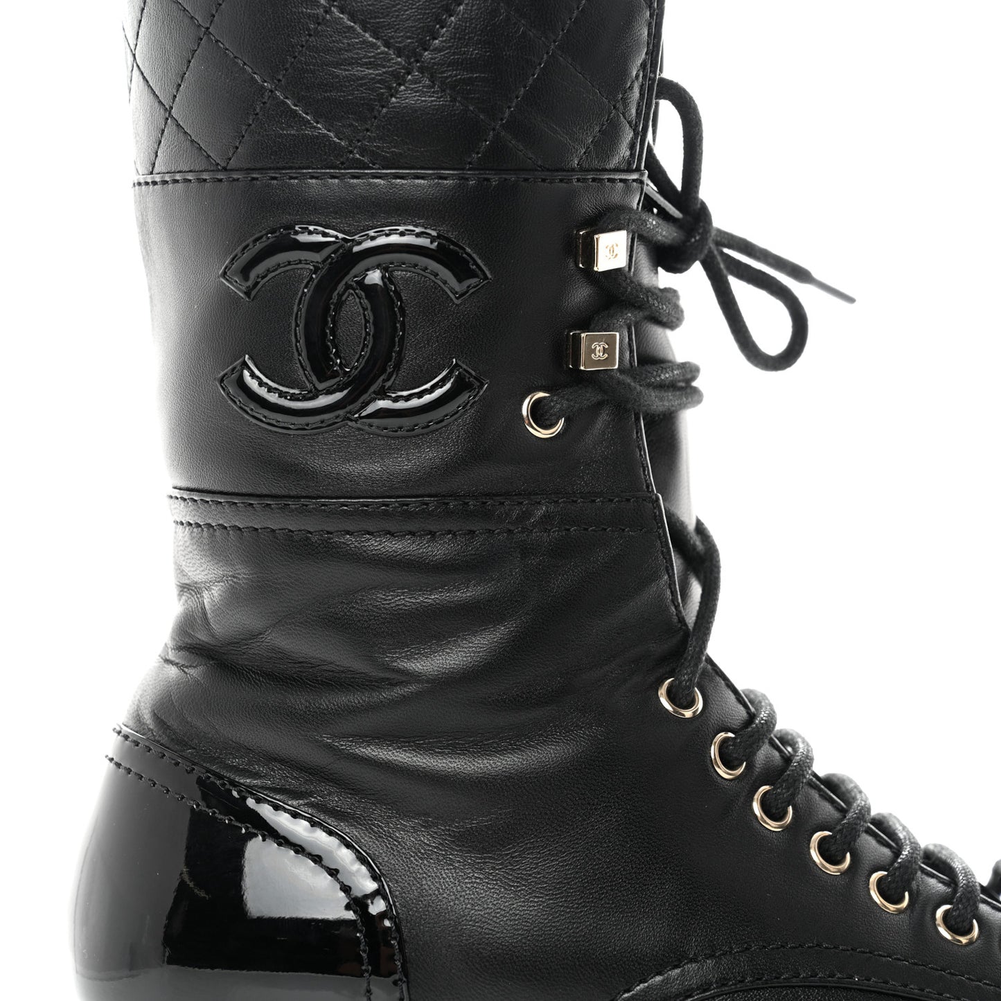 Lambskin Patent Calfskin Quilted CC Lace Up Combat Boots 37 Black