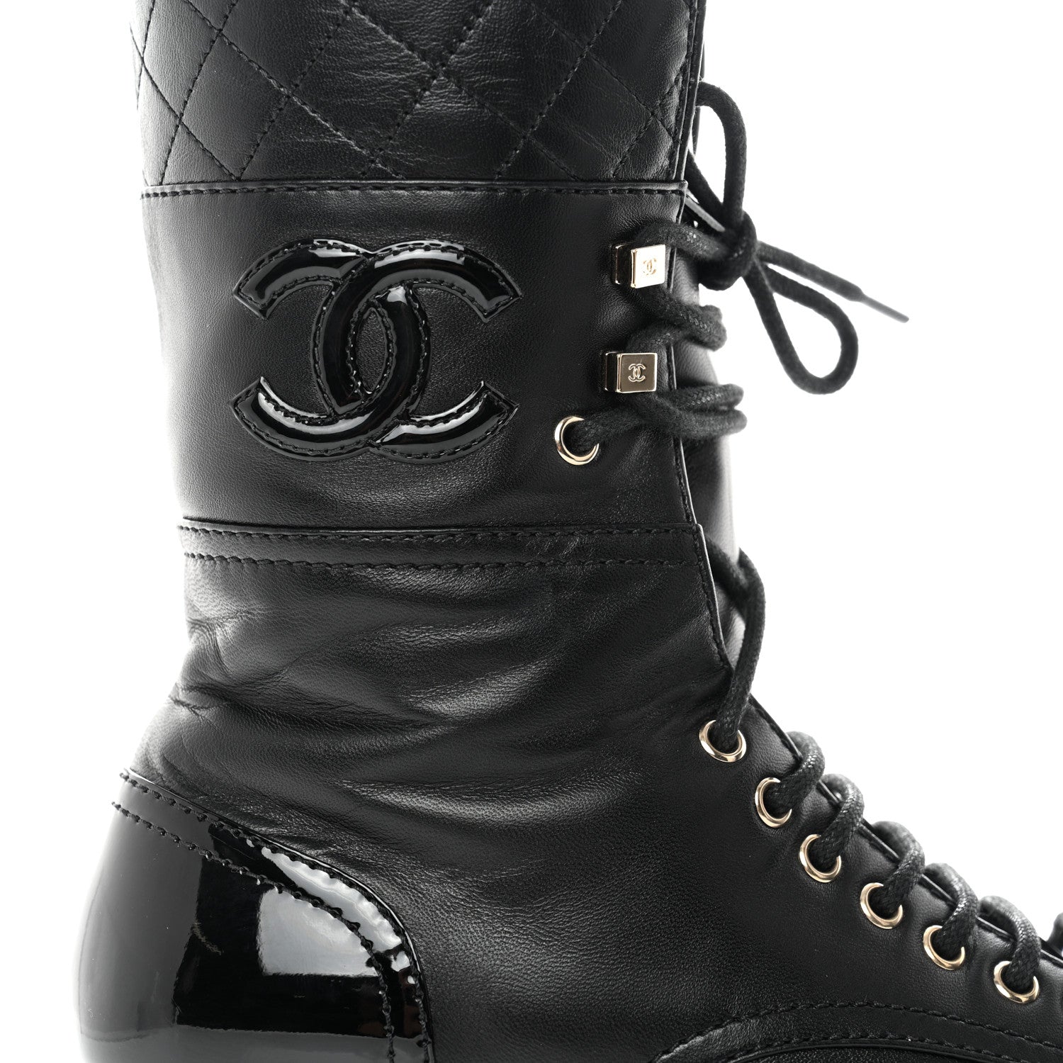 Chanel Lambskin Patent Calfskin Quilted CC Lace Up Combat Boots 37 Black 11 of 12