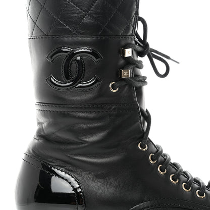 Chanel Lambskin Patent Calfskin Quilted CC Lace Up Combat Boots 37 Black 11 of 12
