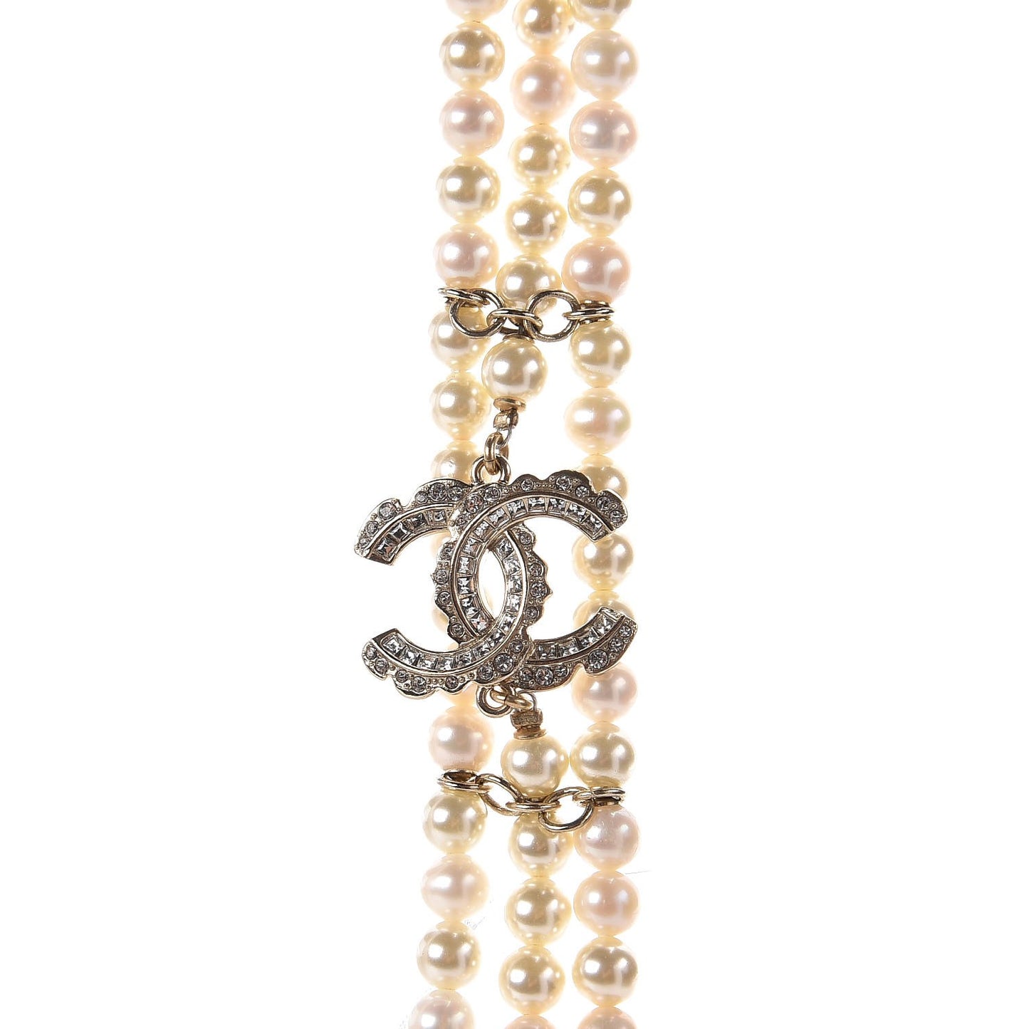 Pearl Crystal CC Triple Strand Long Necklace Gold