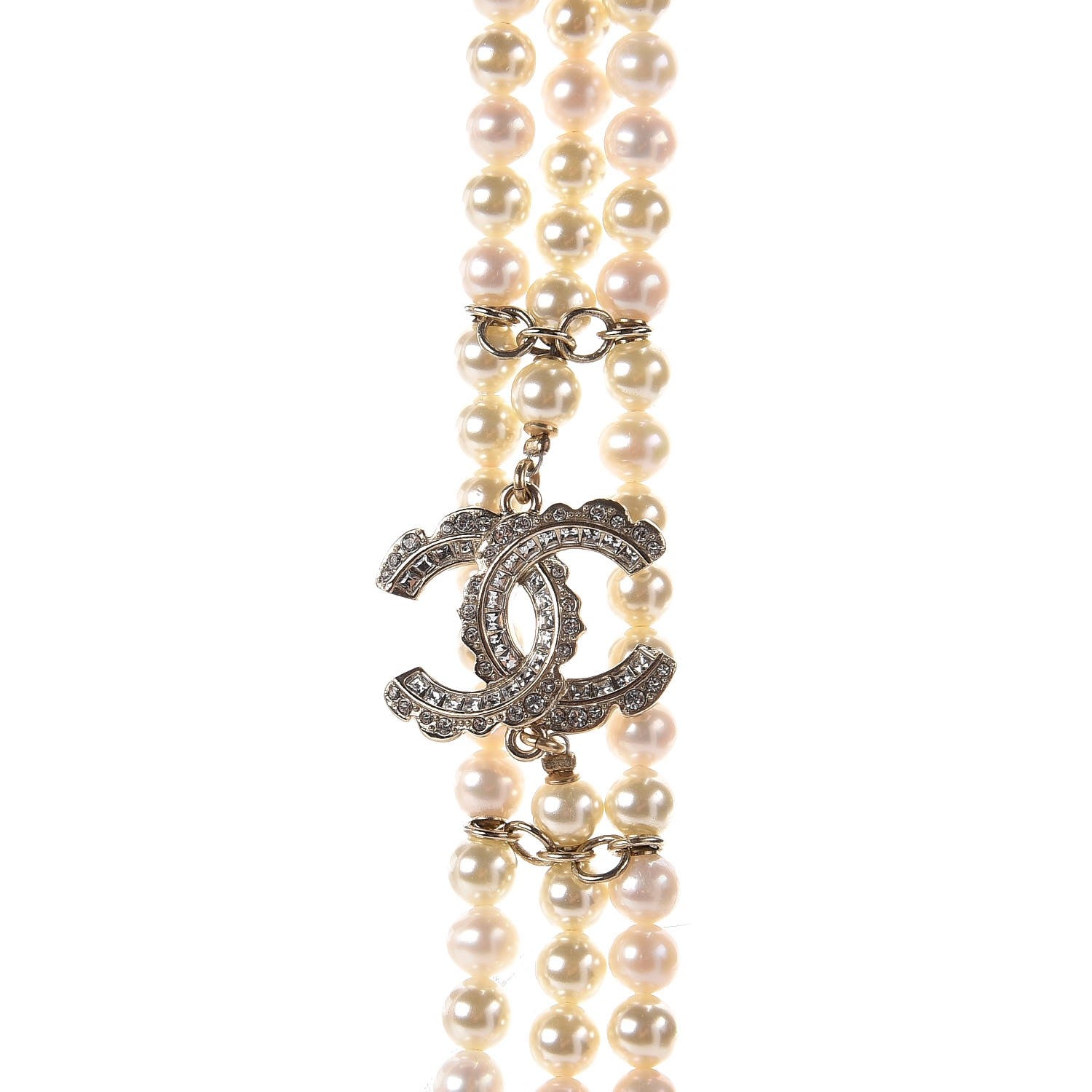 Chanel Pearl Crystal CC Triple Strand Long Necklace Gold 4 of 6