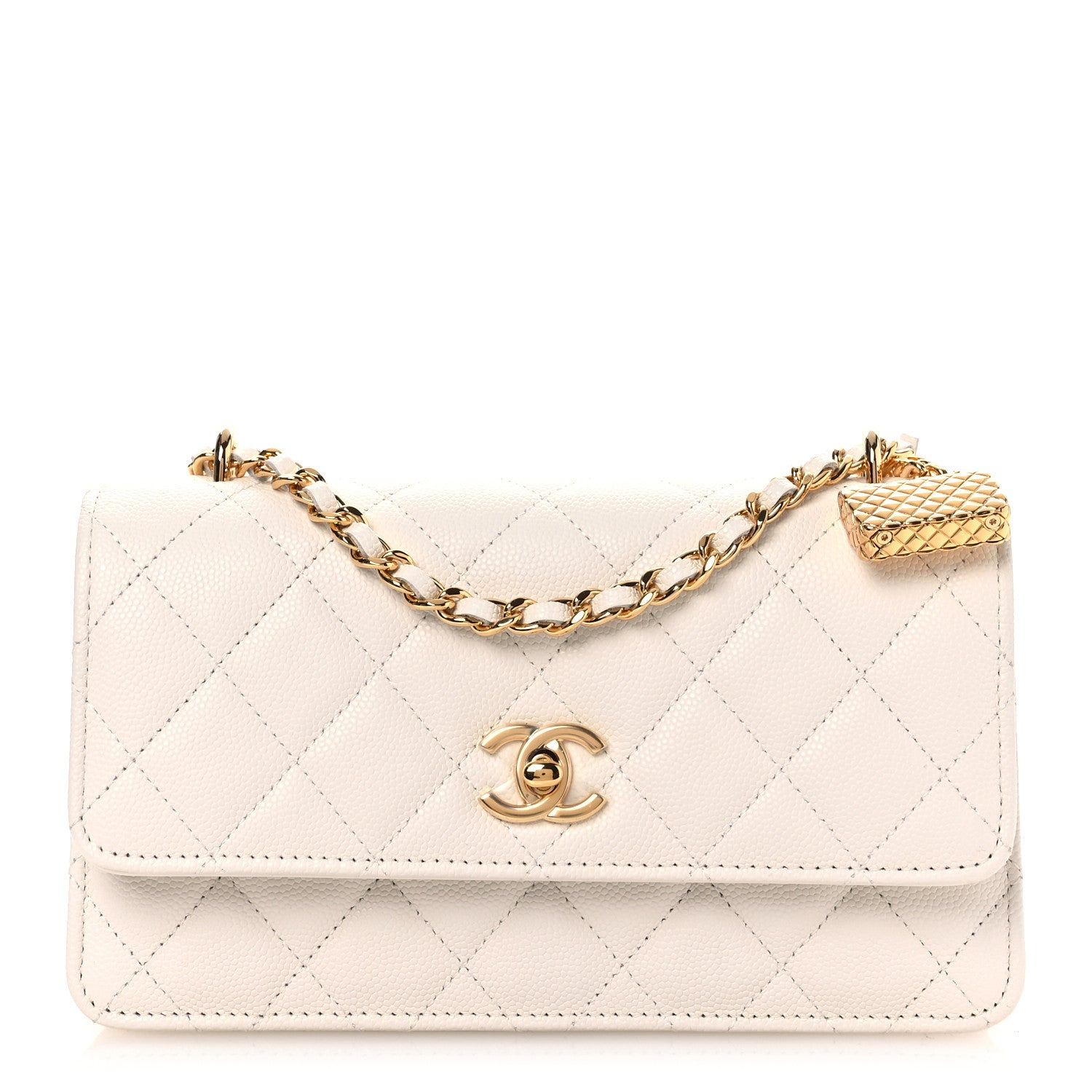 Chanel Shiny Caviar Quilted Flap Charm Wallet On Chain WOC White 1 of 13