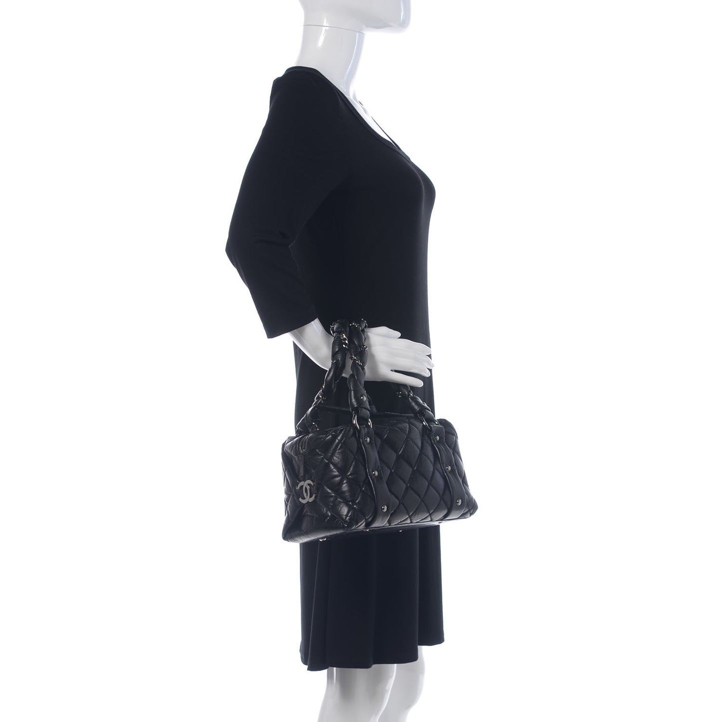 Distressed Lambskin Lady Braid Small Tote Black
