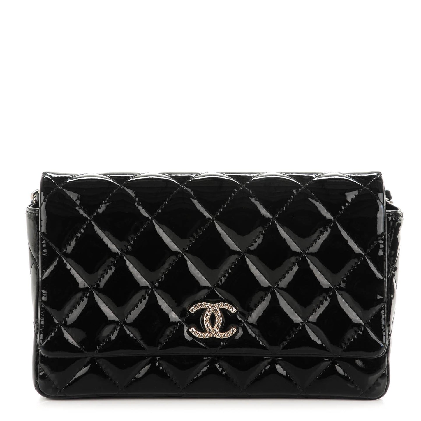 Patent Quilted Brilliant Wallet On Chain WOC Black