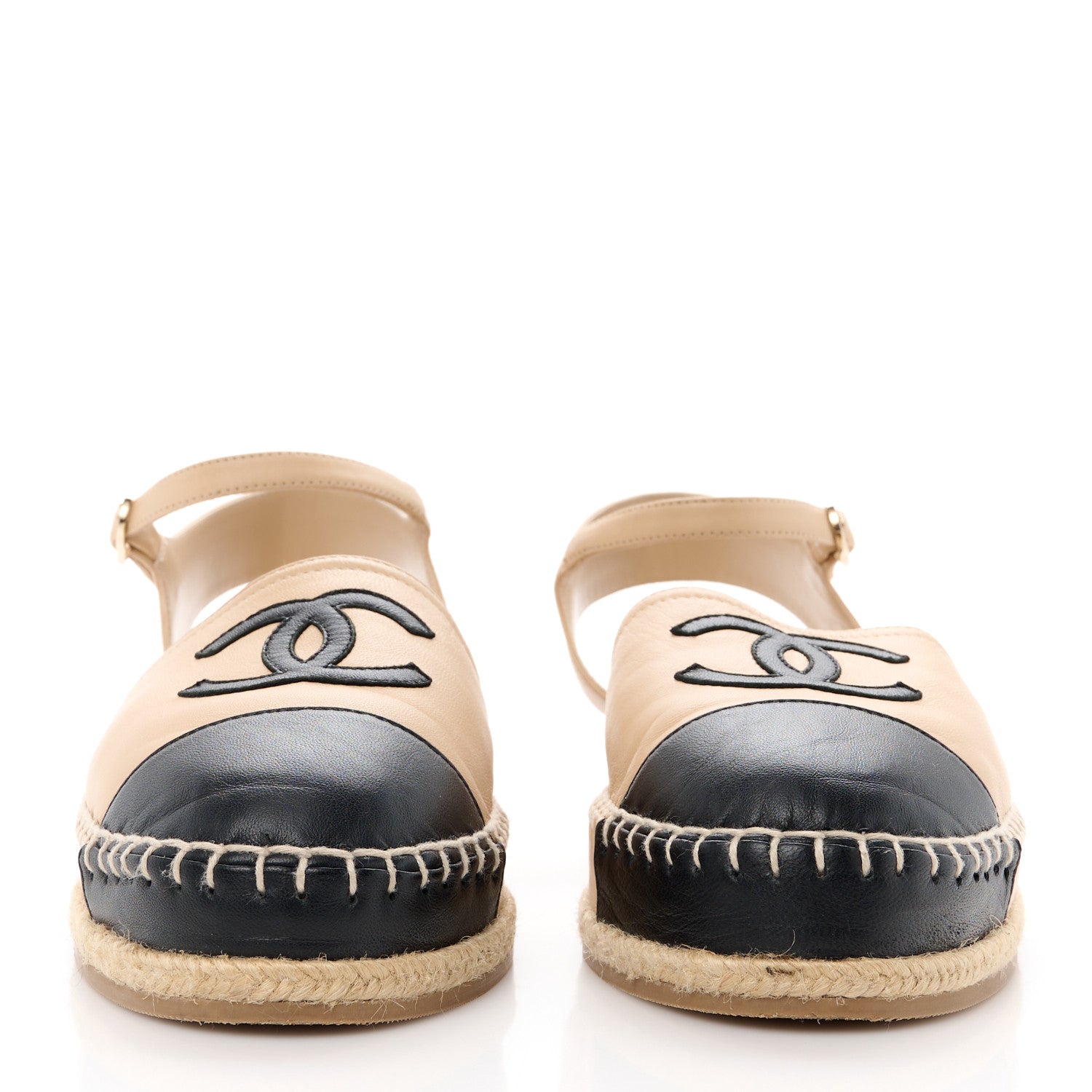 Chanel Lambskin Cap Toe CC Espadrille Sandals 38 Beige Black 2 of 8