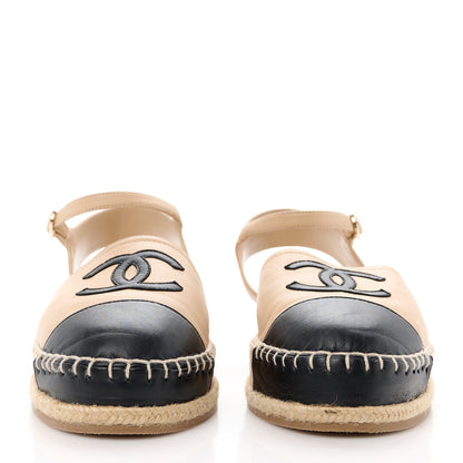 Chanel Lambskin Cap Toe CC Espadrille Sandals 38 Beige Black 2 of 8