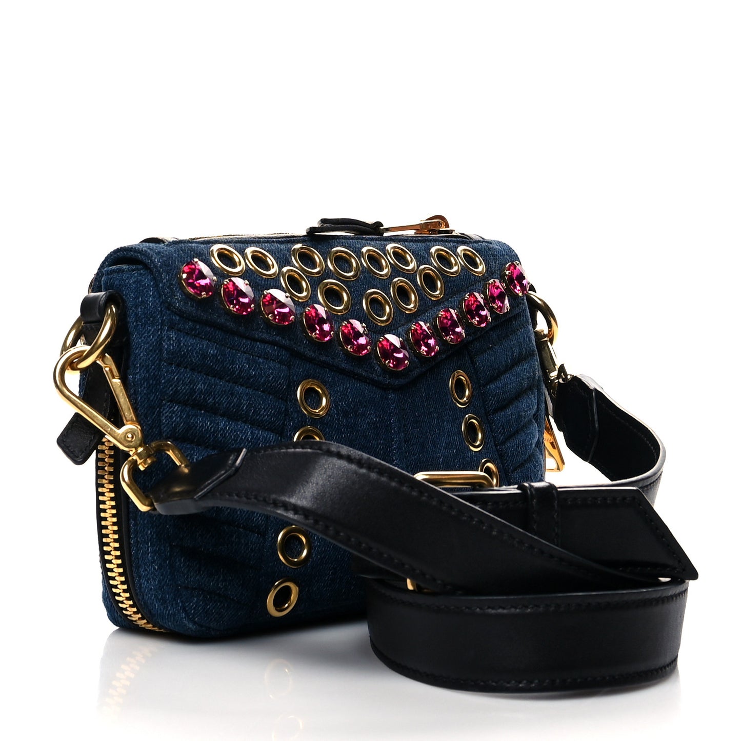 Denim Crystal Embellished Grommet Biker Shoulder Bag Blue Black
