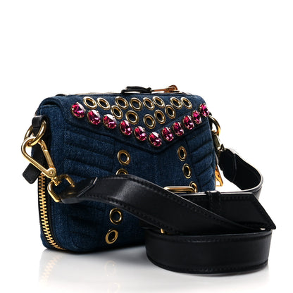 Miu Miu Denim Crystal Embellished Grommet Biker Shoulder Bag Blue Black 2 of 10