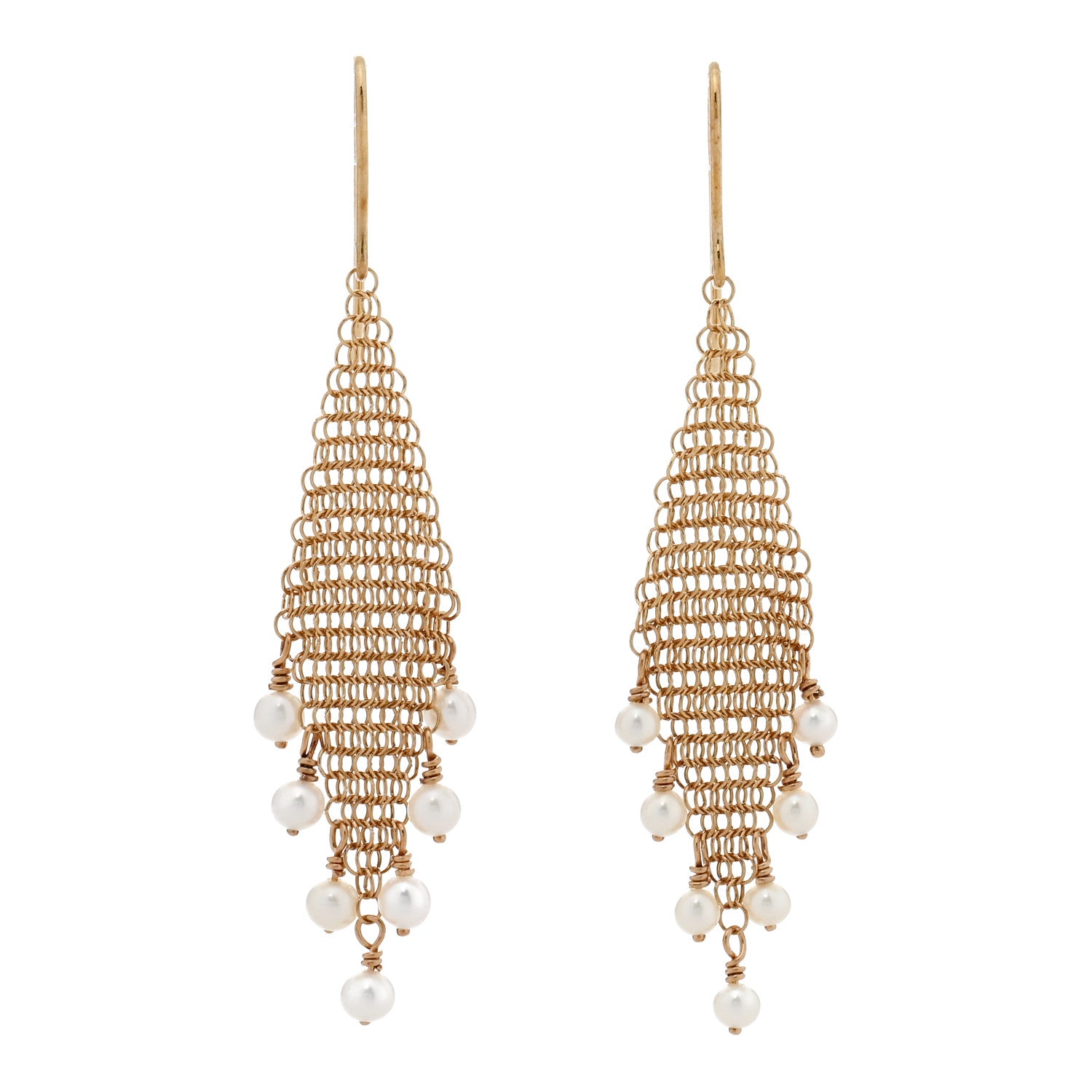 Tiffany 18K Yellow Gold Cultured Pearl Elsa Peretti Mesh Fringe Earrings 1 of 4